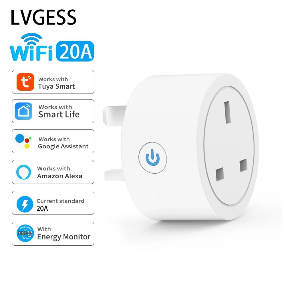 Smart-Dwelling - 20A Tuya Smart Socket WiFi UK Plug - Intelligent Power Control, Voice Commands, and Timer Functions