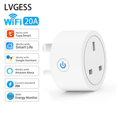 Smart-Dwelling - 20A Tuya Smart Socket WiFi UK Plug - Intelligent Power Control, Voice Commands, and Timer Functions