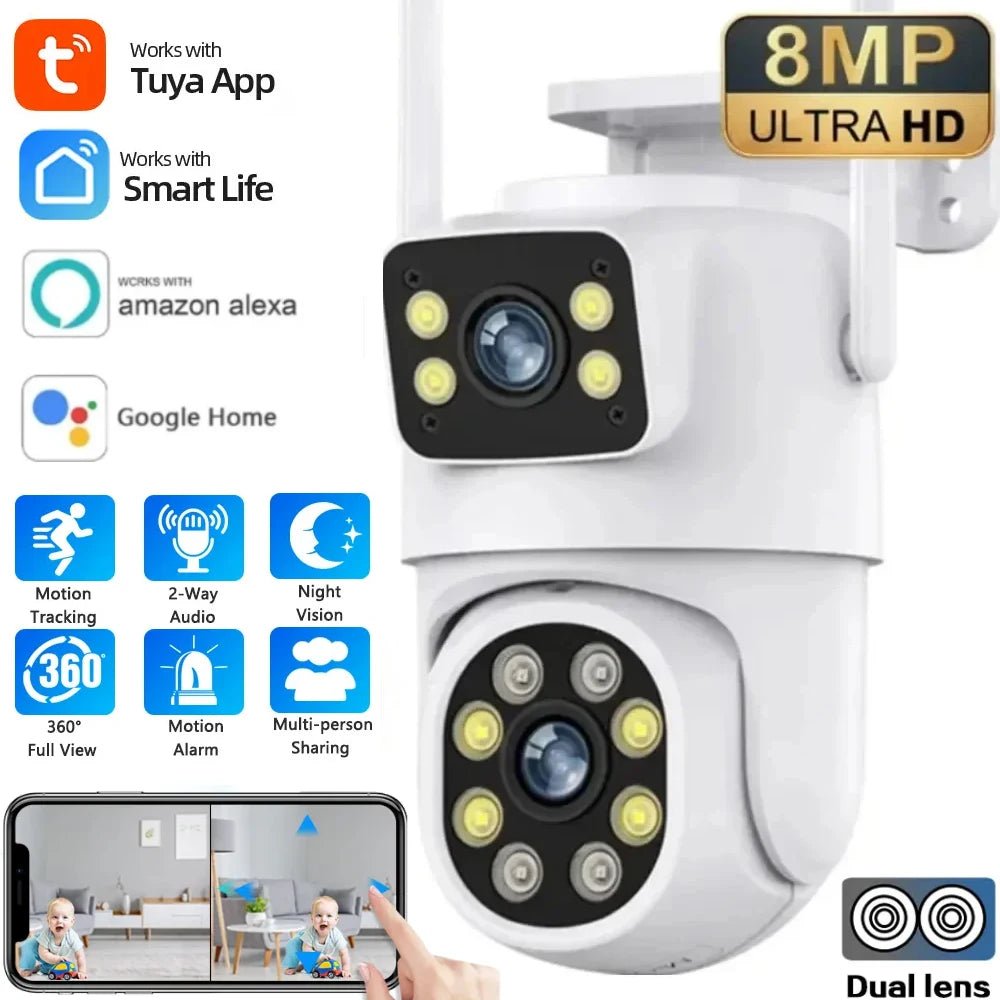 Smart-Dwelling - 4K 4MP-8MP Dual Lens PTZ WiFi Camera with Full HD, Dual Screen, AI Human Auto Tracking - Outdoor 4MP Security Video Surveillance Camera with Tuya Compatibility