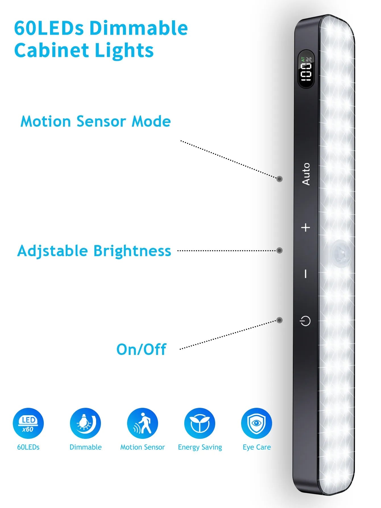 Smart-Dwelling - Cool White Motion Sensor Cabinet Light: Battery-Powered, 60 LED, Touch Light Bar, Wireless, Rechargeable (Black) 🔖 SALE! 2 for £25!