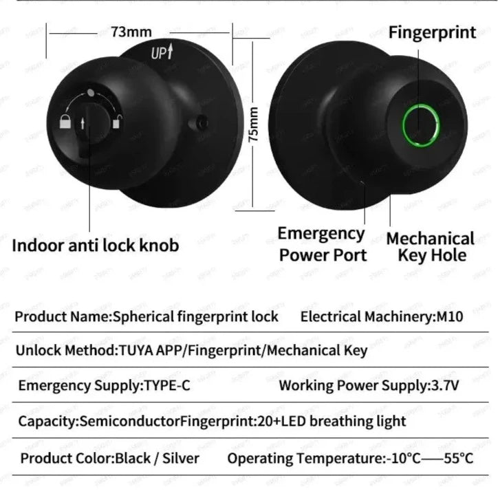 Smart-Dwelling - Smart Door Knob Fingerprint Door Lock Biometric with App for Home Bedroom