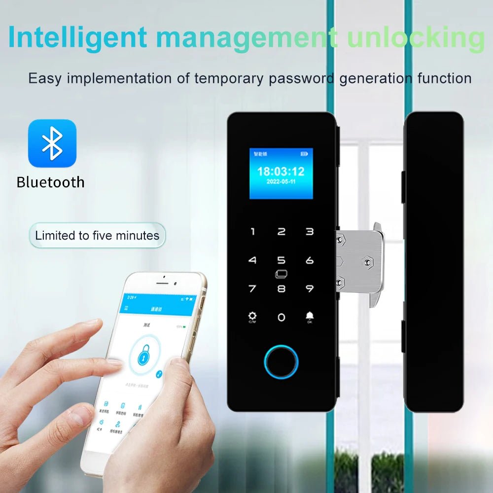 Smart - Dwelling - Electronic Digital Fingerprint Glass Door Lock - Bluetooth App, Passcode, IC Card, Keyless Smart Phone Lock