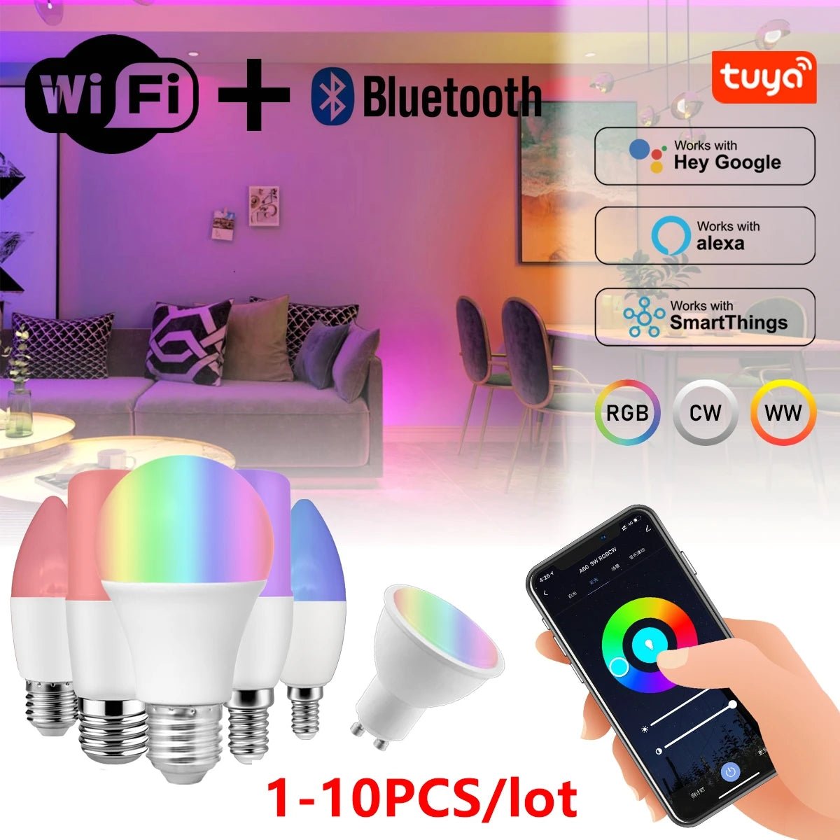 Smart-Dwelling - Tuya RGB Smart Wi-Fi LED Bulb Dimmable Compatible with Alexa/Google Home