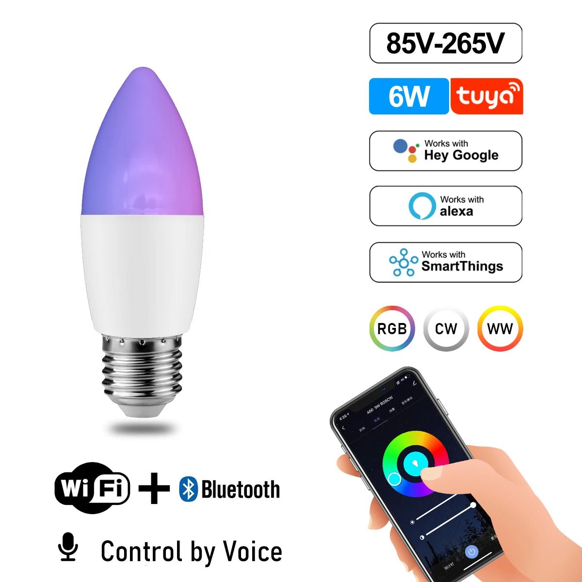 Smart-Dwelling - Tuya RGB Smart Wi-Fi LED Bulb Dimmable Compatible with Alexa/Google Home