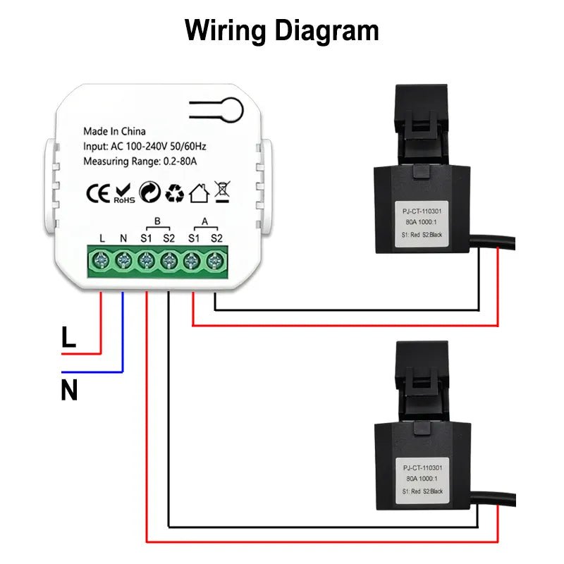 Smart-Dwelling - Tuya Smart ZigBee Energy Meter Bidirectional 1, 2 Channel with Current Transformer Clamp - Monitor Power 80A 110V/240V 50/60Hz