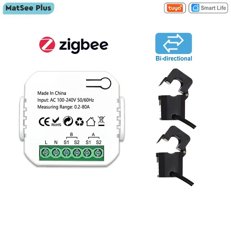 Smart-Dwelling - Tuya Smart ZigBee Energy Meter Bidirectional 1, 2 Channel with Current Transformer Clamp - Monitor Power 80A 110V/240V 50/60Hz