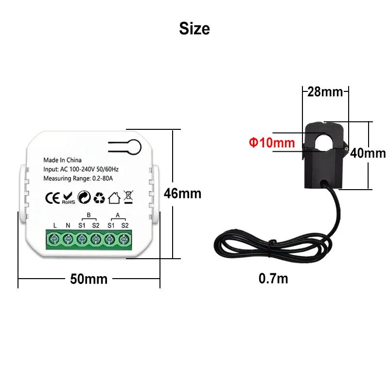 Smart-Dwelling - Tuya Smart ZigBee Energy Meter Bidirectional 1, 2 Channel with Current Transformer Clamp - Monitor Power 80A 110V/240V 50/60Hz